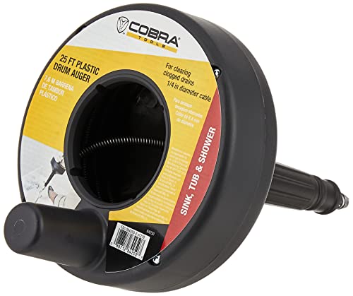 Cobra 84250 84000 Drum Auger, for Use with Most Sink, Shower and Tub Drains,Black , 1/4 in X 25 Ft