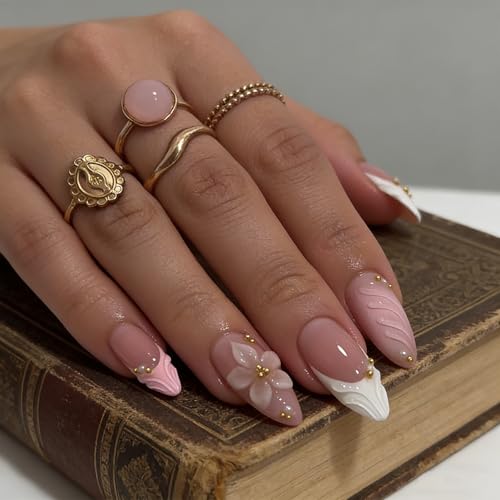 24Pcs Press on Nails Almond - Medium French Tip 3d Fake Nails with Embossed Flower Designs, Glossy Finish Reusable False Nails with Glue Tabs - 24Pcs Nail Kit (pink french tip flower) - color: pink french tip flower
