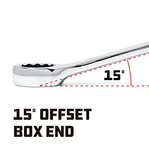 Powerbuilt 1-1/4 inch SAE Combination Wrench, 12 Point Double Ended Box and Open End, 15 Degree Offset Polished 644155 - size: 1-1/4"