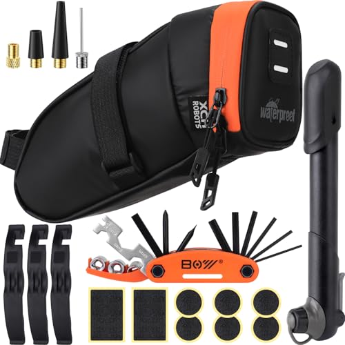 Bicycle Saddle Repair Bag with Tire Patch and Inflate Pump - Portable Travel Emergency Tool Kit, Bike Accessories for Adult Bikes with IPX4 Waterproof