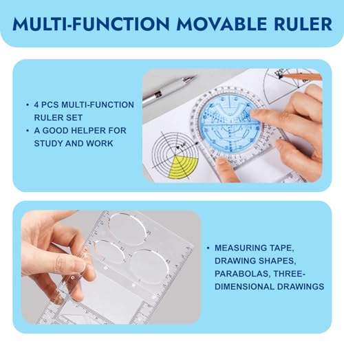 4 Pcs Multifunctional Geometric Ruler,Math Measuring Rulers for Drawing and Art,Metric Ruler Drawing Tool for School Office Supplies and Build