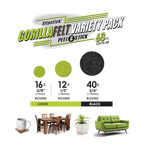 Slipstick Gorilla Felt ¾ Inch Furniture Pads (68 Pcs) Premium Furniture Pads & Chair Leg Floor Protectors for Hardwood Floors & Hard Surfaces - size: 3/4 Inch 68 Piece Combo Pack