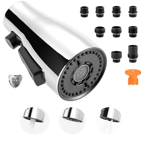 Metal Kitchen Faucet Spray Head Replacement 3 Modes with 9 Adapters - color: Chrome