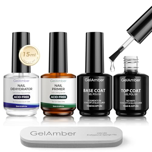 GELAMBER Nail Primer and Dehydrator with Gel Base and Top Coat & Nail File - color: 4Pcs B&T&P&D