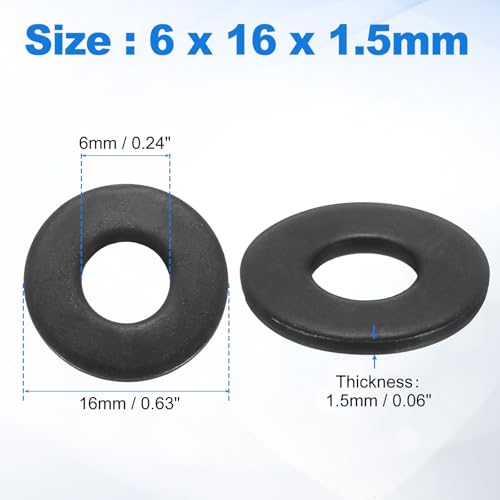 uxcell 75Pcs M6 304 Stainless Steel Flat Washers, ID 6mm, OD 16mm, Thickness 1.5mm Round Metal Washers for Screws Bolts, Outdoor Construction, Black - size: M6*16*1.5mm