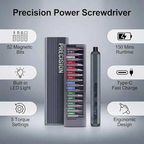 Mini Electric Screwdriver Set, Cordless Screwdriver, Max 0.5N.m, 52 Magnetic Bits, LED Light, Magnetic Storage, Repair Tool for Electronics, Camera, Laptop, and PC Build