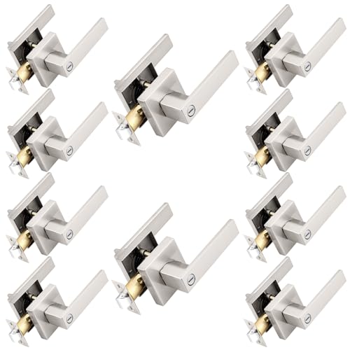 Probrico Interior Privacy Door Lever Handles with Lock, Brushed Nickel 10 Pack Bedroom & Bathroom Zinc Alloy Lockset - color: Brushed Nickel