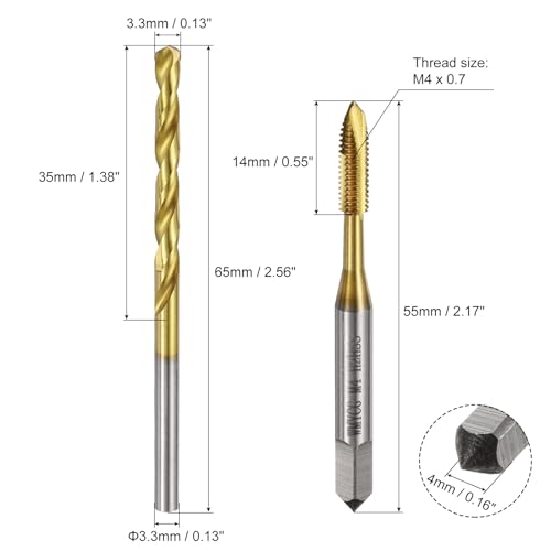 uxcell Metric Tap & Drill Bit Set, 2pcs M4 x 0.7 Spiral Point Thread Taps and 2pcs 3.3mm Twist Drill Bits, Titanium Coated HSS6542 Screw Tapping Threading Tools - size: M4 x 0.7 + 3.3mm