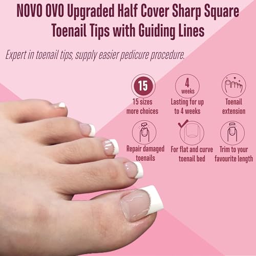 NOVO OVO Upgraded Flexible Half Cover Soft Gel Fake Toe Nail Tips with Auxiliary Line for Toenail Extension, Sharp Square Medium Wide for Men Women Acrylic pedicure in Salon x 15 Sizes 300 Pcs - color: Sharp Square Half Cover Medium