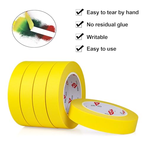 BOMEI PACK Yellow Painters Tape 1 Inch Bulk - Paint Tape 5 Rolls x 1 Inch x 55 Yards - Yellow Masking Tape for Walls Painting, DIY Crafting, and School Projects, Total 275 Yards - color: Yellow