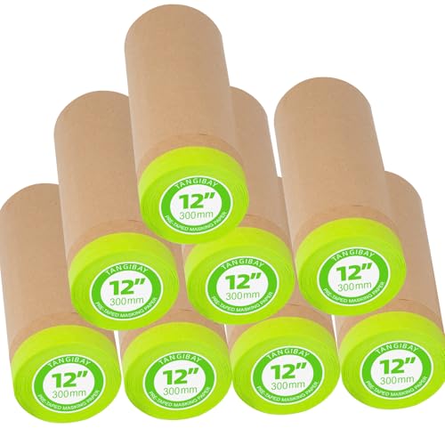 Tangibay Pre-Taped Masking Paper for Painting - 12 inch x 50 feet Tape and Drape Painters Paper, Paint Adhesive Protective Paper Roll for Covering Skirting, Frames, Cars and Auto Body (8 Rolls) - size: 8 Rolls: 12"