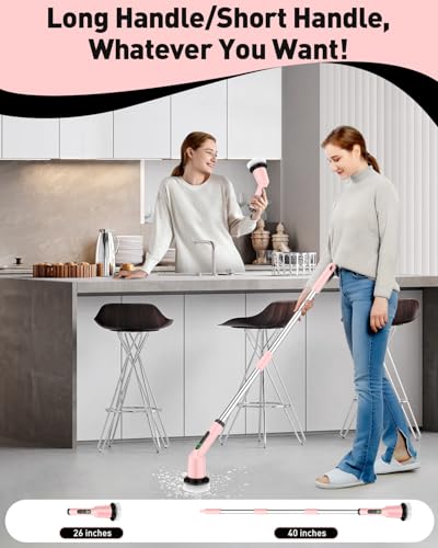Electric Spin Scrubber for Bathroom, Shower Scrubber with Long Handle - color: Pink, size: 8 Brush Heads