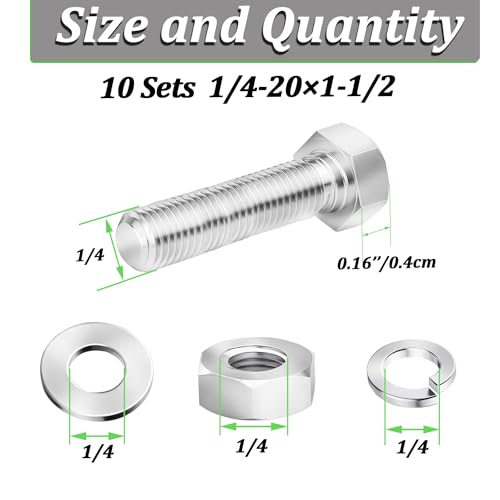 10 Sets 1/4-20 x 1-1/2" Stainless Steel Hex Head Screws Bolts, Flat, Nuts & Lock Washers,Hex Bolts 18-8(304) Full Thread - color: Silver, size: 1/4-20 x 1-1/2"（10 Sets）