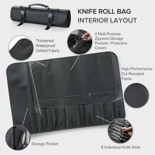 XINZUO 9-Slot Leather Chef Knife Roll Bag with Strap - color: All-black microfiber knife roll