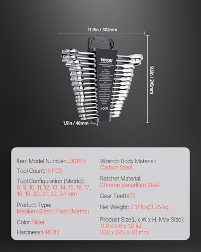 VEVOR Combination Wrench Set, 16-Piece Ratcheting Wrench Set with Organizer Rack, Cr-V Steel, Metric 8 mm to 24 mm, Ideal for General Household, Garage, Workshop, Auto Repairs, Emergency - size: 16PCS (Metric), style: Regular