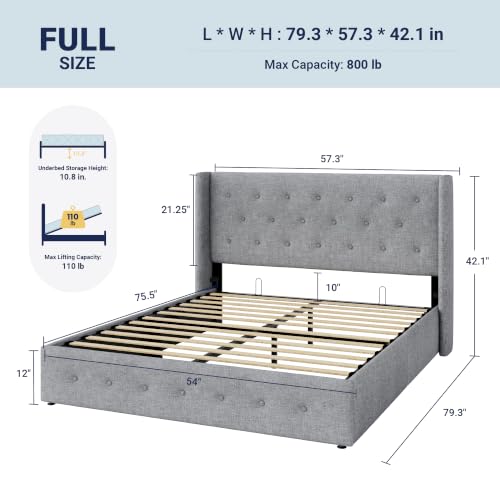 Allewie Full Size Lift Up Storage Button-Tufted Bed Frame Light Grey - color: Light Grey, size: Full, style: Traditional