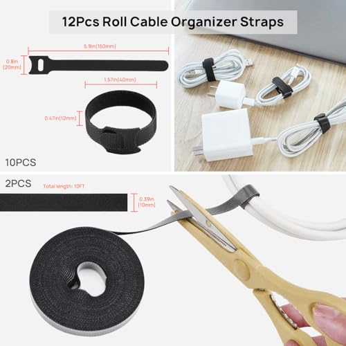 Cable Management Kit - 4 Cable Sleeve, 28 Self Adhesive Cable Clips, 29 Cord Holders, 10+2 Roll Cable Organizer Straps and 100 Fastening Cable Ties for TV Computer Under Desk (Black)