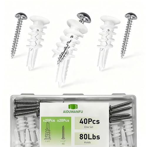40Pcs Drywall Anchors and Screws Kit, Self Drilling Drywall Anchors Heavy Duty Holds 80lbs, No Drill Hole Required, #8 Phillips Head Screws Assortment Kit for Sheetrock/Plaster Walls(40)