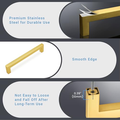 KNOBWELL 6Pack 6-3/10 Inch Brushed Gold Cabinet Pulls Stainless Steel Kitchen Cabinet Handles Square Drawer Pulls Modern Cabinet Hardware Handles，160mm Hole Centers - color: Brushed Gold, size: Hole Center:6-3/10 inch(160mm)