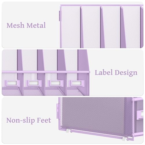 SUPEASY Desk Organizers Metal Desk Magazine File Holder with 5 Vertical Compartments Rack File Organizer for Office Desktop, Classroom, Home Workspace, Purple - color: Purple, size: Small