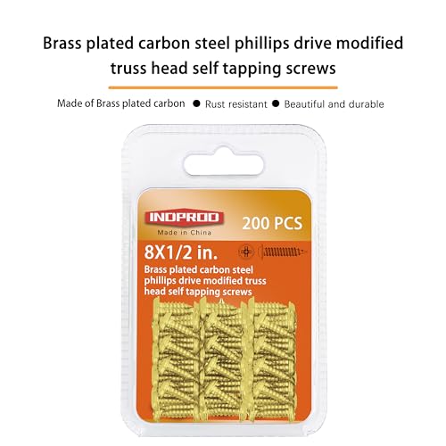 INDOROD #8 x 1/2" Truss Head Phillips Wood Screw (200 Pack), Brass Plated Screws, Self Tapping Wood Screws, Modified Truss Head, Brass Screws for Wood, 8 x 1/2 Inch, Gold - size: #8 x 1/2"