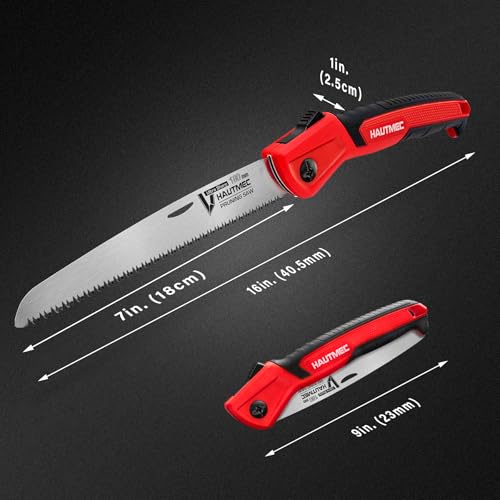 HAUTMEC 7" Folding Pruning Hand Saw for Tree, Garden & Camping | SK5 Steel Blade, Folded Pocket Size, Backpacking, 9 TPI Triple-Cut, Limb & Wood Cutting, ABS & TPR Grip, Survival Gear