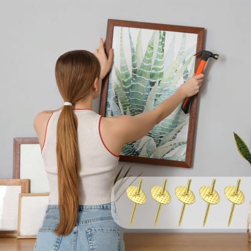 50 Pcs Picture Frame Hangers Kit Picture Hanging Tacks Picture Hangers for Drywall Wooden One Step Picture Hangers Nails for Mirror Photo Clock Iron Alloy Nail Hooks Plaster Picture Hanging Kit (Gold)