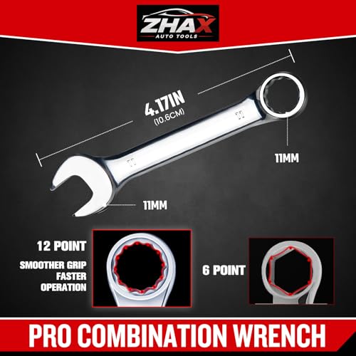 zhax 11mm Metric Stubby Combination Wrench, 12 Point Box End, 15 Degree Offset Design, Mirror Polish Finish, Forged CR-V Steel, Hand Tools for Mechanics, Ideal for Auto and Home Repair - size: 11mm