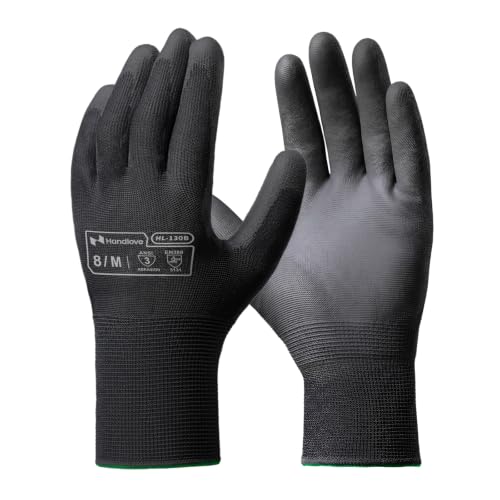 HandLove PU Coated Work Gloves 15 Pairs, Lightweight Polyester Safety Gloves with Non-Slip Grip - color: Black, size: L(15 Pairs)