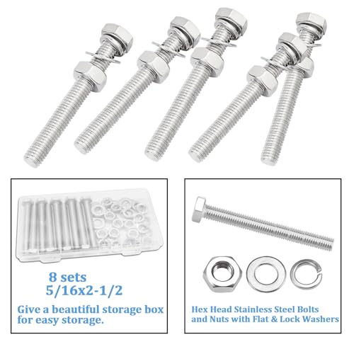 8 Sets 5/16-18 x 2-1/2" Stainless Steel Hex Head Screws Bolts, Flat, Nuts & Lock Washers,Hex Bolts 18-8(304) Full Thread - color: Silver, size: 5/16-18 x 2-1/2"（8 Sets）
