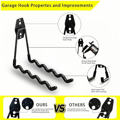 6 Pack Garage Hooks Heavy Duty with Anti-Slip Coating, Steel Utility Wave Hooks for Hanging Ropes, Bikes, Garden Tools, Hoses and More (Black) - color: Black