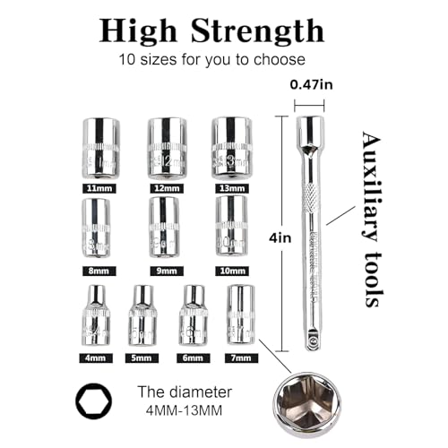 Egofine 12pcs 1/4 Inch Mini Ratchet Socket Wrench Set, Drive Socket Set with 10 Sockets (4-13mm) and 2 Way Quick Released Ratchet Handle and Extension Bar - color: 12pc Standard Socket Set, size: 1/4