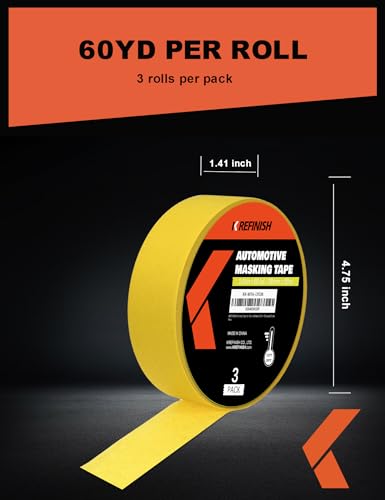 KREFINISH Professional Auto Body Painters Tape, Yellow, 1.41in x 60 yards/3 Rolls, Heat Resistant, No Residue, UV & Moisture Resistant, Ideal for Auto Body Painting, Cars, Trucks, Motorcycles - size: 1.41in-3rolls