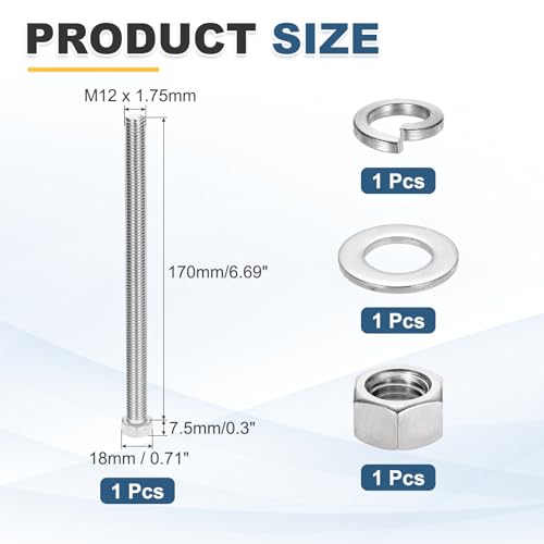 MECCANIXITY M12 x 170mm 304 Stainless Steel Hex Head Screws Bolts, Nuts, Flat & Lock Washers Assortment Kit, Fully Threaded, Bright Finish for Home, Electronic, Machine, 1 Sets - size: M12 x 170mm