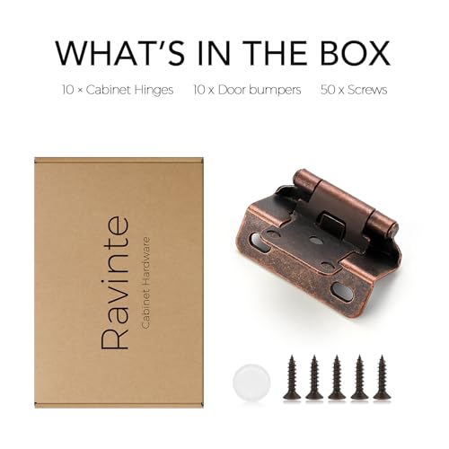 Ravinte Antique Copper Semi-Overlay 1/2 inch Self-Closing Hinges, 10 Pack - color: Antique Copper