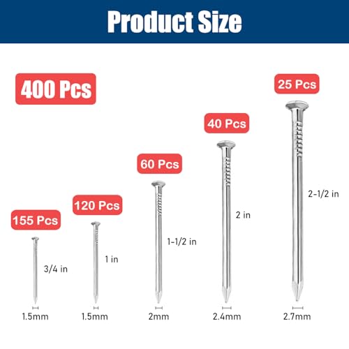Maozaa 400pcs Hardware Nails Assortment Kit, 5 Sizes Stainless Steel 304 Hanging Nails for Hanging Pictures, Long Wood Finishing Nails - size: Kit-400pcs