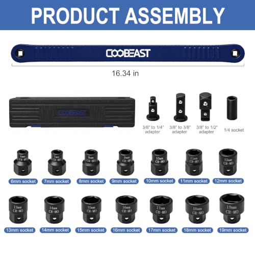 Pro Offset Extension Wrench 19PCS,Impact Wrench Extender Tools Socket Set - color: Blue
