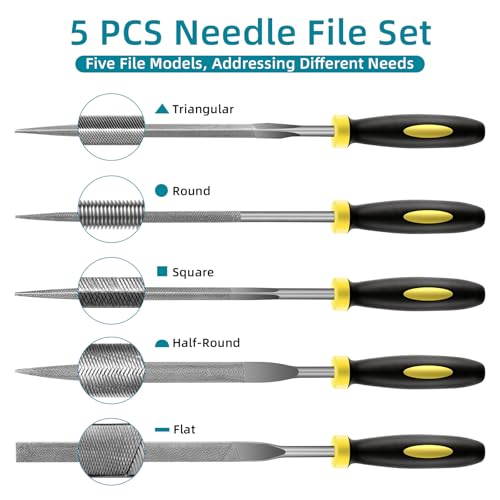 5 pcs Metal Needle File Set,Premium Small File Set, Hardened Alloy Strength Steel File Tools Includes Round, Half-Round, Flat, Square, Triangular File for Detail and Precise Work,by XEKIGU