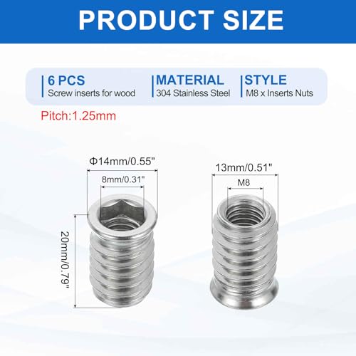 MECCANIXITY 6Pcs Threaded Inserts Nuts, M8x20mm Hex Socket Drive Nut Inserts for Wood - 304 Stainless Steel Screws Furniture Screw in Nuts Bolt Fastener Connector Wood - size: M8x20mm