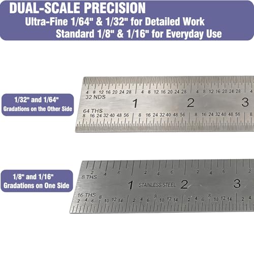 12 Inch Machinist Ruler Set - 2 Pack Stainless Steel Precision Double Sided Ruler with 1/64, 1/32, 1/16 & 1/8 Inch Graduations, Etched Markings - for Engineers,Woodworking and DIY (2, 12 Inch) - size: 12 Inch