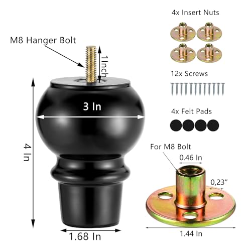 Maricome 4 Inch Wood Legs Set of 4 Pre-drilled M8 Bolt Black Replacement Furniture Leg Bun Feet for Dresser Cabinet Chair - color: 4 Inch Black