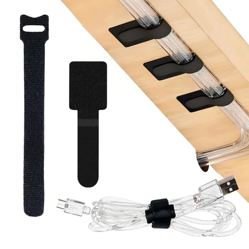80 Pack Cable Management Kit, Adjustable Hook and Loop Cable Ties, Heavy Duty Detachable Cable Straps and Self Adhesive Hooks, Reusable Cord Holder, Cable Hider for Desk/TV/Home Office, Black