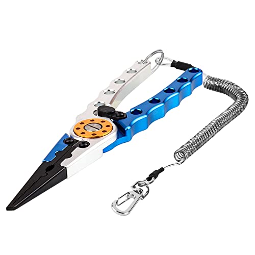 Booms Fishing X1 Aluminum Fishing Pliers Saltwater, Surf Fishing Tackle Kit, Fishing Multitool Hook Remover Braided Fishing Line Cutting and Split Ring with Coiled Lanyard and Sheath - color: Blue With Lock