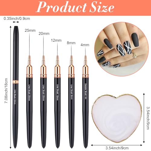 5 Pcs Metallic Nail Art Brushes Liner Brushes Set with Nail Art Mixing Palette Nails Dotting Drawing Tool for Long Lines Thin Detail Fine Liner Brush UV Gel Polish Painting Nails Design 4/8/12/20/25mm