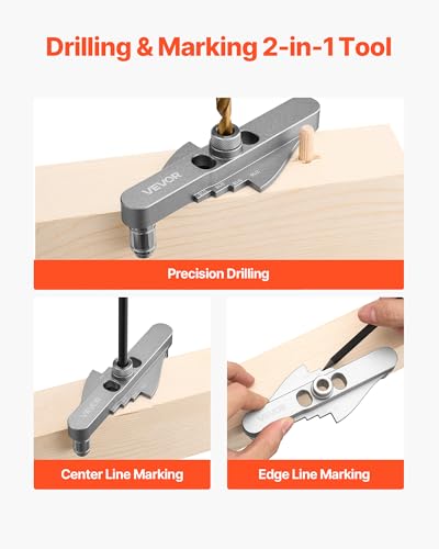 VEVOR Doweling Jig Kit, Self Centering Dowel Drill Jig for Straight Holes, with Drill Bit Set 1/4", 5/16", 3/8" and Drill Bit Stop Collar Set, Aluminum Alloy Woodworking Tools for Drilling, Marking - size: Mini, style: Doweling Jig