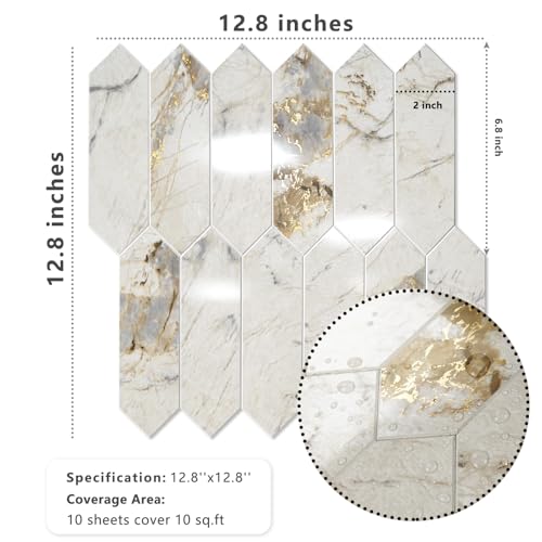 Vamos Tile Glossy Pandora Marble with Gold Veining Backsplash Tile Peel and Stick, 12.8 x 12.8 Inch 10 Sheets Long Hexagon PVC Self Adhesive Mosaic Tiles Stick on Backsplash for Kitchen and Bathroom - color: Glossy Pandora Marble with Gold Veining