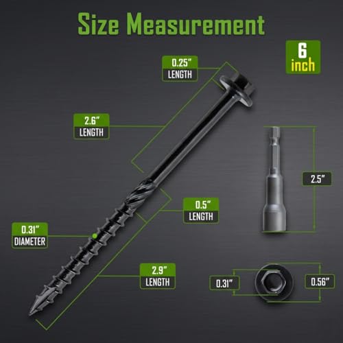 [Pack of 50] #14 x 6 inch Wood Structural Screws, Heavy Duty Hex Head Black Timber/Log/Landscaping Wood Screws, Rust Resistant, Hex Socket Included - color: Black, size: #14 x 6"