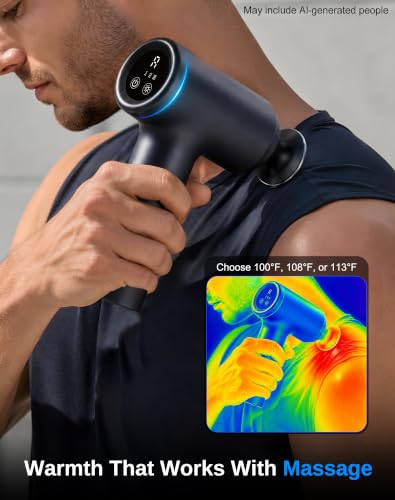arboleaf Heated Massage Gun Deep Tissue, 3 Heat Levels, Silicone Round Head | massager gun with 5 preset speeds, adaptive pressure mode, 10mm amplitude, 4 heads, USB-C charging, low battery indicator - color: Matte Black