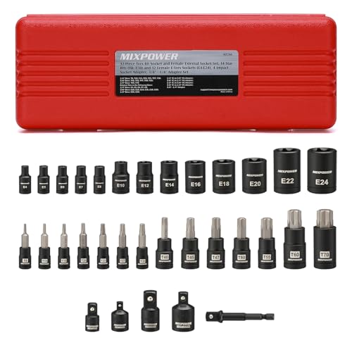 MIXPOWER 32PCS Torx Bit Socket Set, 14 Star Bits (T8-T70)& 13 E-Torx Sockets (E4-E24), CR-V & S2 Alloy Steel - size: T8-T70,E4-E24(32PCS)