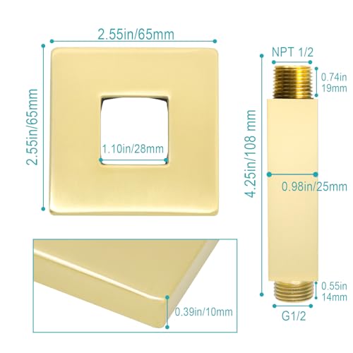 Enga Brass Square Shower Arm with Flange, 3 Inches Ceiling Mount Replacement Rain Shower Head Straight Arm, Brushed Gold - color: Brushed Gold, style: 3 Inch